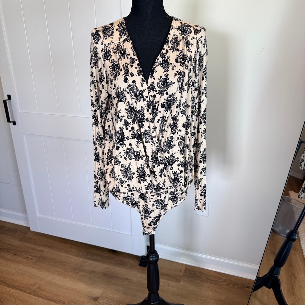 Free People Intimately Floral Bodysuit Ecru Combo XL OB1164849 Long Sleeve Wrap